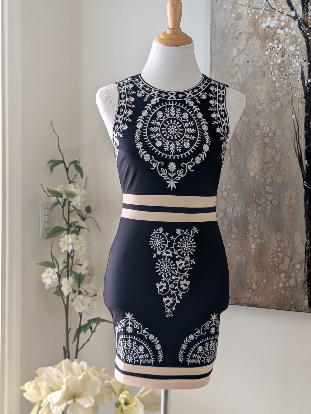 privy Black Dress with Cream Trim and Embroidered Motif